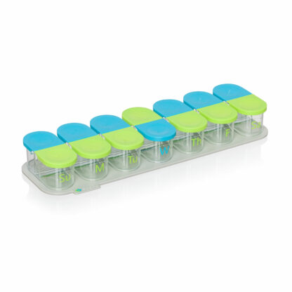 Sagely weekly pill organizer in blue and green